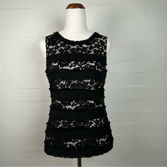 J Crew Top sz XS Black Lace Over Cream Inlay Sleeveless - Picture 2 of 13